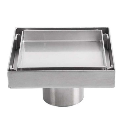 with Tile Insert Invisible Grate Cover Strainer Brushed Bathroom Drainer 4 Inch SUS304 Stainless Steel Square Shower Floor Drain